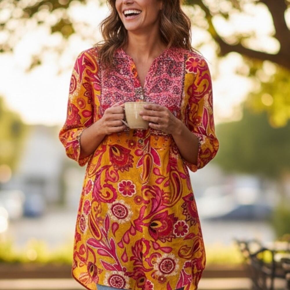Figueroa & Flower Retro Boho Top Womens Medium Yellow Pink Paisley 70s Inspired